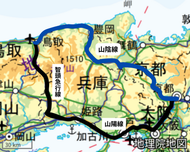 京都から鳥取の地図